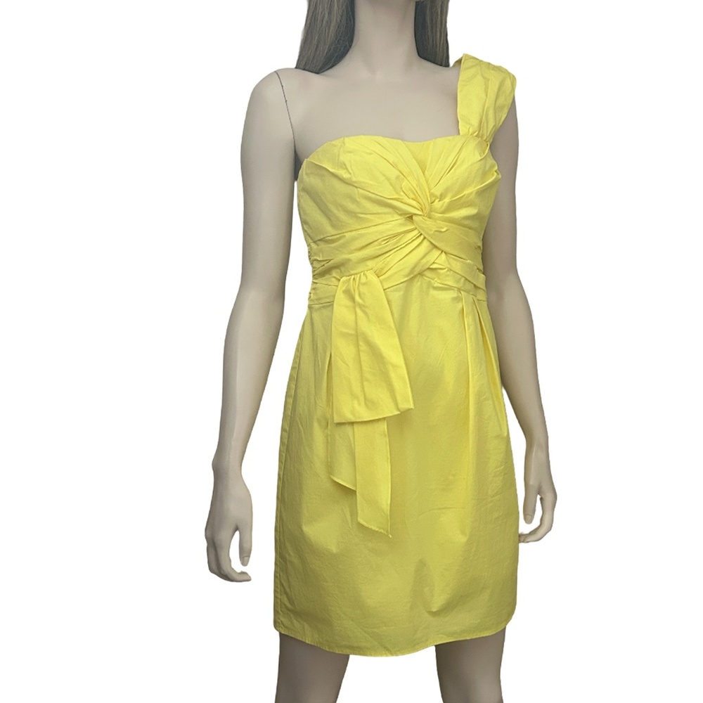Nanette Lepore Cocktail Dress Cotton Y2K Yellow Ruched Draped One Shoulder Mini